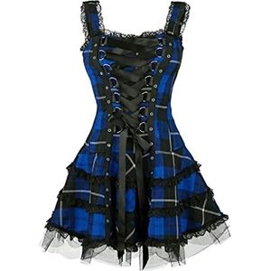 Geruite bandage gotische dames A-lijn jurken kanten laces trim patchwork mini jurk punk bodycon sexy feestkleding-blue,XL