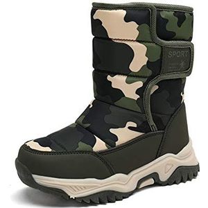 YUKTOPA Sneeuwlaarzen voor jongens en meisjes, kinderen, winter, pluche, antislip, waterdicht, outdoor, hoge laarzen, koud weer schoenen (peuter, klein kind, groot kind), Groene Camo, 1 UK Child