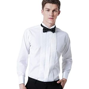 WINDEHAO Herenjurk Frans overhemd Slim Fit Geplooid Vouwen Kraag Shirt Avond Bruiloft Smoking Diner Shirts met Vlinderdas