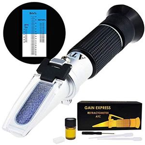 3 in 1 Honing Refractometer Brix/Vocht/Baume-tester Meter ATC, Drie-schaal 58-90%/12-27%/38-43Be', Suikerwatergehalte Bijenteelt Ahornsiroop, Testkit met kalibratieolie en blok