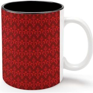 Rode Fleur-de-lis Patroon Gepersonaliseerde Koffiemok Koude Dranken Warme Melk Thee Cup Zwarte Voering Keramiek Tumbler met Handvat Gift voor Vrouwen Mannen 11oz