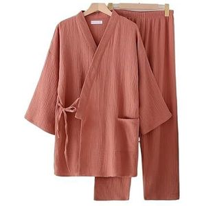 Japanse Pak Liefhebbers 100% Katoen Crêpe Pyjama Lange Mouwen Broek Tweedelige Kimono Pak for Mannen En Vrouwen Nachtkleding (Color : Brick red, Size : L)