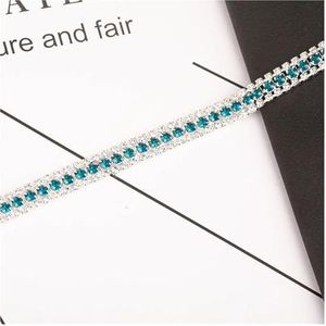 Diamanten linten 1 yard 3 rijen zilver kleurrijke strass ketting naaien strass beker ketting glas strass lint ketting voor kleding decoratie (kleur: zilver-blauwe zirkonia)