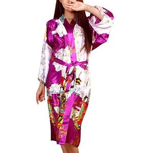 Dolamen Ochtendjas voor dames, kimono, glad satijn, nachtkleding, badjas, robe met geestsha en bloemen, kimono, negligé, zijden robe, losse slaappak, lange stijl en 2017