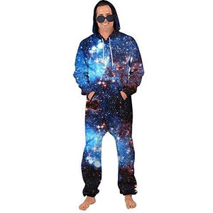 FANSU Unisex Heren Print Onesie Zip Up All in One Hooded Jumpsuit, Volwassen Stijlvolle Playsuit Hoodie Warme Pyjama Nachtkleding Plus Size Nachtkleding Casual wear, Blauwe Sterrenhemel, S