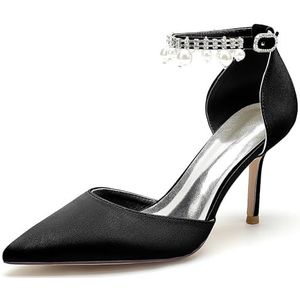 GHSIRUEU Dames Witte Satijn Hakken Stiletto Pompen Gesloten Puntige Teen Parel Enkelband Bruiloft Jurk Schoenen,zwart,35 EU