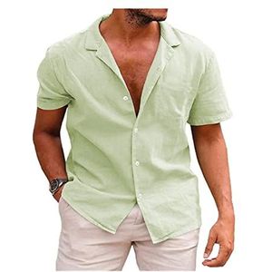 Linnen Herenoverhemd Met Korte Mouwen, Zomer-casual Overhemd Met Knopen, Casual T-shirt, Normale Pasvorm heren t-shirt(Green A,XXL)