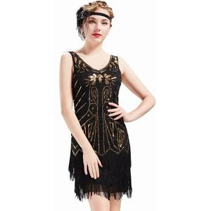 BABEYOND Damesjurk in jaren ’20-retrostijl, flapper, ronde hals, met stijlvolle pailletten, in de stijl van The Great Gatsby, feestjurk, verkleedjurk, goud/zwart, M