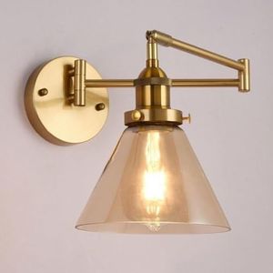 LANGDU Moderne minimalistische wandgemonteerde leeslamp goud thuis wandlamp met amberkleurige glazen kap vintage zwenkarm wandlamp for slaapkamer woonkamer studeerkamer (Color : B)