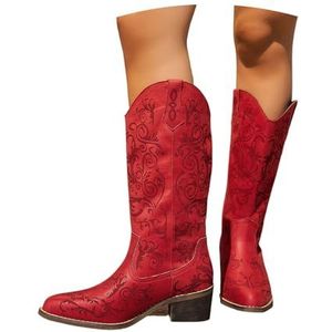Vintage Hoge Laarzen Met Borduurwerk Dames Western Cowboylaarzen Kniehoge Laarzen Met Puntige Neus En Blokhak PU Leren Rijlaarzen Instapschoenen Met Brede Schacht for Herfst/winter(Red,42 EU)