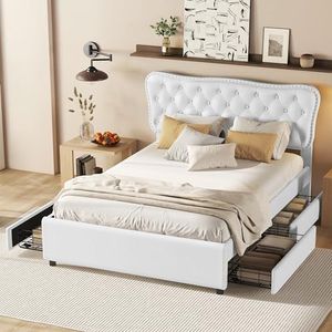 Idemon Gestoffeerd bed, tweepersoonsbed, platformbed, gestoffeerd bed met vier laden, linnen (wit)