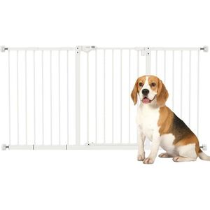 PawHut Deurbeschermingsrooster, traphekje met 17,5/20,3/30,5 cm verlenging, deurrooster zonder boren, traphekje voor breedtes van 74 - 147,5 cm, aan beide zijden draaibaar, metaal, wit