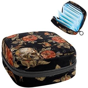Periode Pouch Draagbare Tampon Opbergtas,Tampon Houder voor Portemonnee Vrouwelijke Product Organizer,Borduurwerk Suiker Schedel Rose Print, Meerkleurig, 4.7x6.6x6.6 in/12x17x17 cm