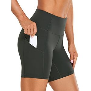 CRZ YOGA Dames Sport Shorts Hoge Taille Tummy Control Shorts met Zijzakken-6"" Olijfgrijs XS