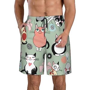 PHTZEZFC Mooie cartoon kattenprint strandshorts voor heren, lichtgewicht, sneldrogend zwembroek met trekkoord en zakken, Wit, L