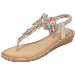 Xytraiihw Dames Glitter Strass Sandalen, Clip Toe Platform Wedgesandalen Vintage Casual Bohemian Zomerschoenen Grote Maat Open Teen Flip Flops Romeinse Outdoor Strandschoenen,Goud,36 EU