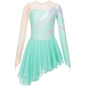 NihaoWXM Turnpakjes voor meisjes, figuur-schaatsjurk voor meisjes, lange mouwen, gymnastiek, workout, ballroom, ballet, danspakje voor showpodiumprestaties, Lichtgroen, 12