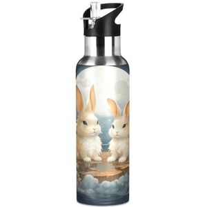 Schattig patroon wolk konijn sport waterfles geïsoleerde roestvrij staal grote vacuüm fles lekvrije thermoskan met rietje voor reizen (600 ml/1000 ml)