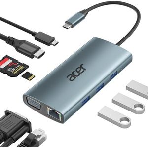 Acer USB C-hub met 4K HDMI, 9-in-1 USB C naar Ethernet-adapter, 5 Gbps USBA 3.0 dockingstation, VGA-splitter, SD-kaartlezer, PD 100 W opladen voor MacBook, Acer, laptops, Surface en meer