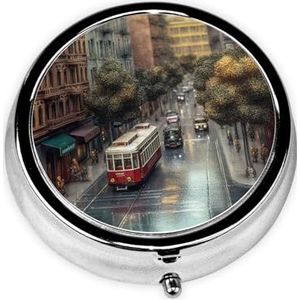 Pillendoosje Grote Stad Straat Ronde Pillendoos Dagelijks 3 Compartiment Reizen Pillencontainer voor Pocket Purse Draagbare Geneeskunde Levertraan Olie Opbergdoos 3 keer per dag Pillenorganisator