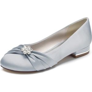 Trouwjurk Schoenen voor Vrouwen Ronde Neus Bruids Flats Satijn Ballet Flats Slip On Avond Prom Party Pumps,Zilver,36 EU