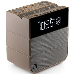 Soundfreaq Sound Rise II, wekkerradio aan het bed, draadloze digitale klokradio met Bluetooth, groot scherm, audioluidsprekers, snel opladen en omgevingsgeluid (hout/taupe)
