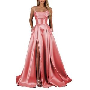 KIYNE Satijnen galajurken voor dames met steekzakken en spaghettibandjes, lange formele avondjurk, Koraal, 32