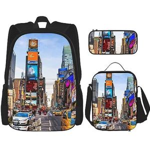 New York Times Square Rugzak Set 3 stuks met Lunch Tas Etui Reizen Dagrugzak Lunch Tas Potlood Pouch Combinatie, Zwart, Eén maat, Rugzakken