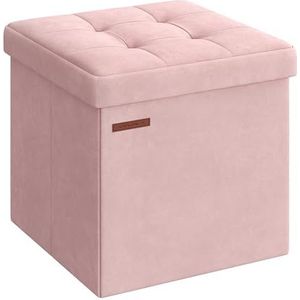 SONGMICS Poef met opbergruimte, kleine inklapbare zitbank, 38 x 38 cm voetenbank, opbergdoos, tot 300 kg belastbaar, voor woonkamer, slaapkamer, slaapzaal, pastelroze LSF227R01