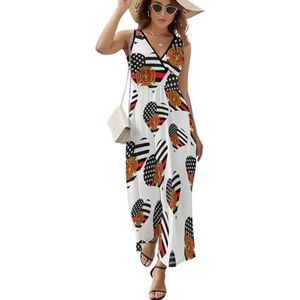 Brandweerman Love Heart Amerikaanse vlag dames mouwloze maxi-jurk V-hals casual zomer lange jurk