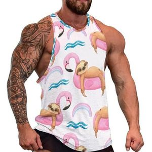 Aquarel Luiaard op Flamingo Float Heren Tank Top Grafische Mouwloze Bodybuilding Tees Casual Strand T-Shirt Grappige Gym Spier