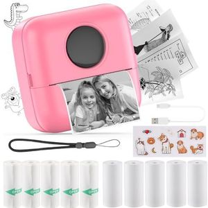 HuiJuKeJi Mini-printer, draagbare printer met sticker en 10 rollen thermisch papier en zelfklevend thermisch papier, ingebouwde 1200mAh batterij inktloze fotoprinter voor Android IOS (X5 Rose)