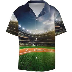 OdDdot Groene honkbalveld achtergrond print heren overhemden atletische slanke pasvorm korte mouw casual zakelijke button down shirt, Zwart, 4XL