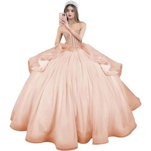 Fuomomo Quinceanera MT054 Jurken met spaghettibandjes, partyjurk met staart, Quinceanera kanten jurk met strik, Quinceanera tule met parels, Blush Roze, 48/Grote Maten
