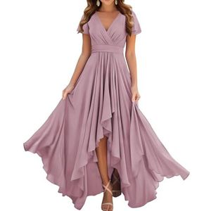 Prinses Bruidsmeisjes Jurken Flutter Mouw Galajurken Chiffon Formele Avondfeest Maxi Jurk met Split ZM209, Stoffige Roos, 32
