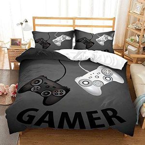 Zwarte gamer-dekbedovertrek met rits, microvezel, jongens, tieners, jeugd, studentenhuis-decoratie, 3D-videogamecontroller-beddengoedset, overtrek met bijpassend sloop (grijs, 2-persoons 200 x 200 cm)