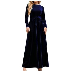UPPJPBSW Dames Herfst Winter Elegante Fluwelen Maxi Jurk met Lange Mouwen en Tailleband voor Formele Bruiloft, Cocktailfeest,Marine,L