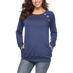 NICIAS Dames Casual Ronde Hals Pullover Losse Knopen T-shirt Tuniek Tops Blouses Met Zakken NAVY Groot