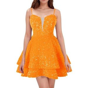 WSEYU Spaghetti Bandjes Homecoming Jurken Korte Sprankelende Pailletten Bruidsmeisje Afstuderen Cocktail Party Prom Gown ZM290, Helder Oranje, 32