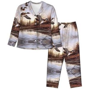 JEJEA Wilde eenden print comfortabele 2-delige nachtkleding lounge set pyjama set lange mouwen nachtkleding nachtkleding, Zwart, S