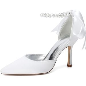 KYEGLO Dames Satijnen Sandalen Met Gesloten Teen En Bandjes, Puntige Teen, Hoge Hakken Met Parelbandje Om De Enkel, Sexy Schoenen, Perfect Voor Bruiloften,ivoor,36