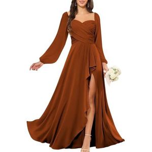 KURFACE Bruidsmeisjesjurken met lange mouwen en split voor dames, geplooid, chiffon, bruidsmeisje, vloerlengte, formele feestjurk, Verbrand Oranje, 32