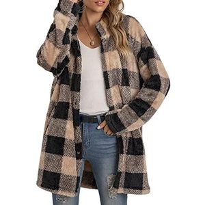 Sawmew Fleecejack dames lange geruite winterjas jas parka vest pluche jas pluche jas winterjas fleece jassen teddy jas voor dames (Color : Khaki, Size : L)