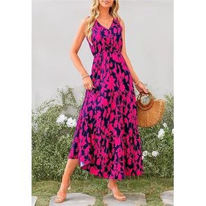 YYUHNGBN Vrouwen Zomerjurken Casual V-hals Mouwloze Maxi-jurken Schattige bloemen lange jurk Bruiloft Gast Jurk,Rose,L