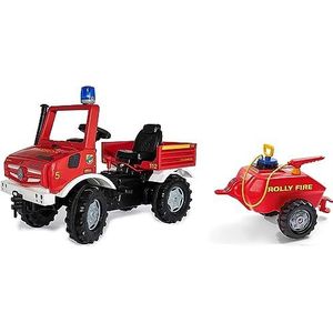 Rolly Toys Unimog 038275 Trapauto met aanhanger vanaf 3 jaar, brandweerauto om zelf te rijden, met fluisterbanden, schakeling, handrem, trapvoertuig, trapauto vanaf 3 jaar