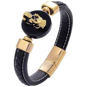 Leren armband, herenarmbanden van leer, 7 kleuren Bixie-armband for dames, heren, echt leer, natuursteen, Feng Shui-armbanden, breng sieraden (stijl: blauw_23 cm) (Color : Gold)