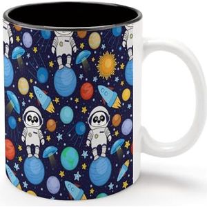 Cartoon Panda Astronauten Gepersonaliseerde Koffie Mok Koude Dranken Warme Melk Thee Cup Zwarte Voering Keramiek Tumbler met Handvat Gift voor Vrouwen Mannen 11oz