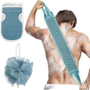 Zachte exfoliërende rugscrubber met verlengd bereikhandvat, badhandschoen en poef - Home Spa Set voor volledige lichaamsreiniging