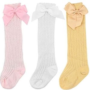 Babysokken voor meisjes, kinderen, kniekousen, katoen, peuter, zuigeling, pasgeborenen, gebreid gaas, overknees, lange sokken, zomersokken met schattige strikken, 0-3 jaar, geel, roze en wit, Medium