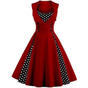 AXOE Dames Vintage Jurk Jaren 50 A-Lijn Jurken met Stippenprint Bruiloft Zakelijk Feestjurk Ademend Katoen Knie-lengte Bordeaux met Stippen, Maat 40, M